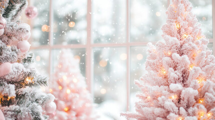 Blurred image of an interior decorated with pink Christmas trees in bokeh and garland style, large 