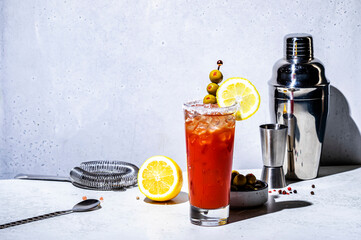 Tomato  alcoholic cocktail drink, variation of Bloody Mary with juice, vodka, lemon, celery, spicy...