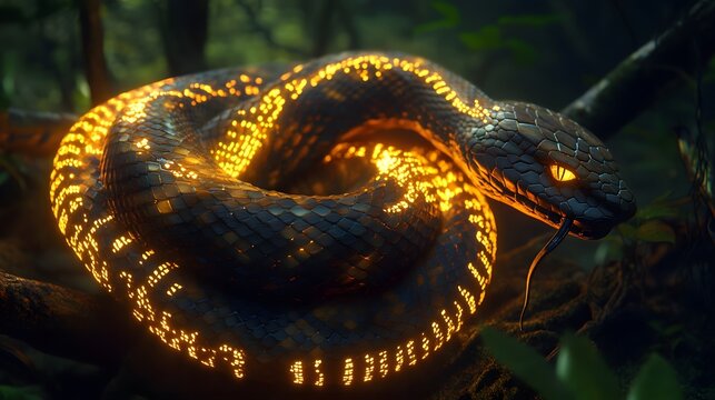 A coiled serpent with its body wrapped around a glowing digital core, its scales etched with complex Python code, dim, ambient lighting creating a mysterious atmosphere, the combination of organic