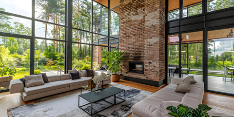 Modern Living Room with Fireplace and Large Windows - Interior Design Illustration