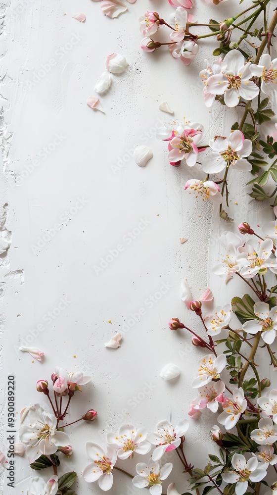 Poster A soft arrangement of pink flowers and buds frames the edges of a light surface, creating a calm and inviting atmosphere perfect for spring