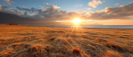  The sun sets over a field of dried grass, bordering a body of water, with a distant mountain