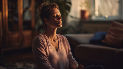Peaceful Woman Meditating Indoors in Warm Evening Light
