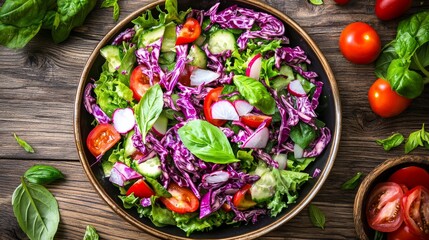 Fresh Colorful Vegetable Salad with Lettuce, Red Cabbage, Tomatoes, Cucumbers, Radishes, and Basil Leaves