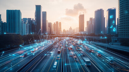 Fototapeta premium Smart City Skyline: Connected Cars Navigate the Urban Network