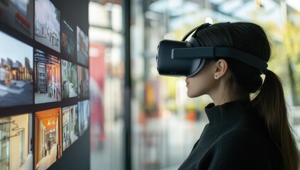 Fototapeta premium Woman wearing VR headset looking at photos.