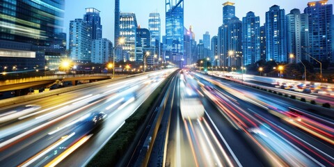 Fototapeta premium Long exposure of city highway with light trails and modern skyscrapers at dusk. Urban landscape photography.