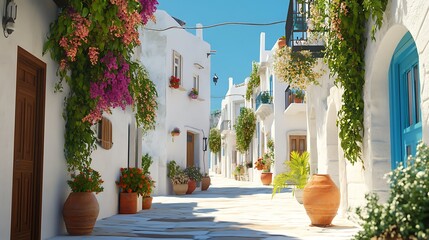 Charming Greek Village Street with Whitewashed Buildings and Vibrant Flowers