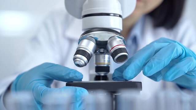 Scientist using microscope in laboratory. Close-up of a researcher's hands adjusting a modern microscope in a lab setting