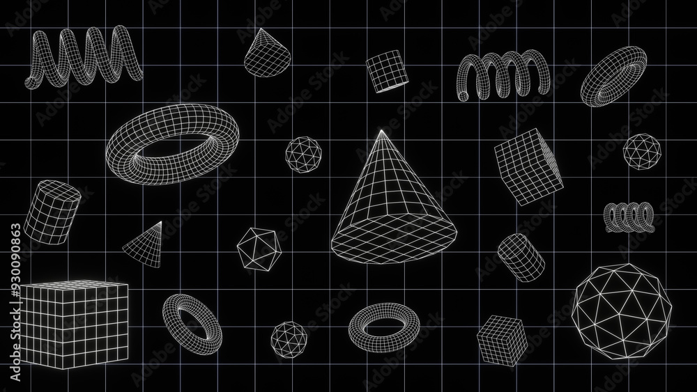 Aufkleber 3d render wireframe grid abstract futuristic y2k retro cyber vector shapes elements on black backgro