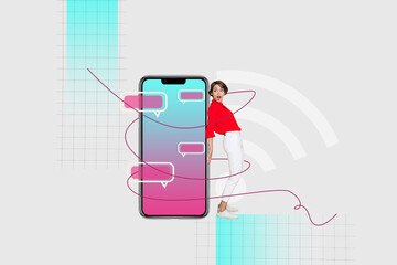 Composite photo collage of astonished girl stand huge phone screen messenger app notification wifi...