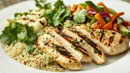 Grilled Chicken Breast with Quinoa and Fresh Vegetables. Healthy Gourmet Meal