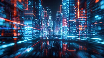 Fototapeta premium Abstract digital cityscape with vibrant neon lights, representing futuristic urban environments and digital technology