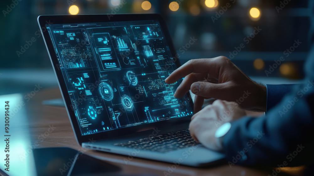 Aufkleber businessman engaging with productivity tools on a laptop, icons on the screen representing lean cost
