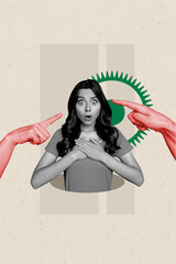 Creative abstract template collage of amazed scared female point fingers accuse blame weird freak...