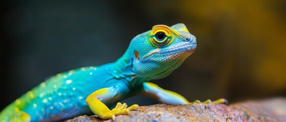  A tight shot of a blue-and-yellow lizard perched on a tree branch, adorned with water droplets