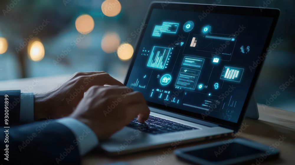 Aufkleber businessman engaging with productivity tools on a laptop, icons on the screen representing lean cost