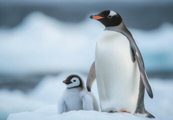Obraz premium A penguin standing tall with her chick on an ice floe, highlighting the harsh but beautiful environment