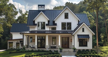 Naklejka premium Beautiful Modern Two-Story House with Glass Front Door