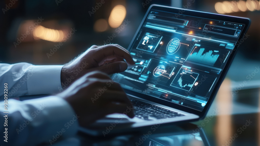 Aufkleber businessman engaging with productivity tools on a laptop, icons on the screen representing lean cost