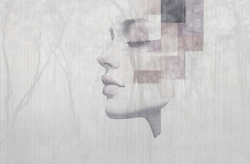 Woman face with geometric elements. Illustration for decoratopn, wallpaper, mural, poster, card. 