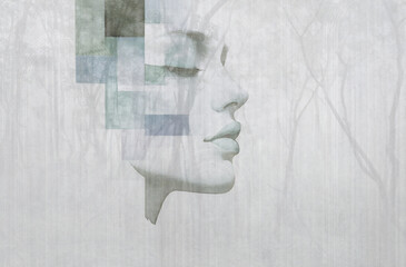 Woman face with geometric elements. Illustration for decoratopn, wallpaper, mural, poster, card. 
