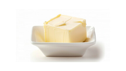 A block of butter sits in a white ceramic dish_Transparent background PNG