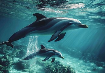 Obraz premium A dolphin mother swimming with her calf, showing the calf how to navigate and jump through the water