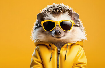 Fototapeta premium cute animal on solid yellow background - funny hedgehog in sunglasses