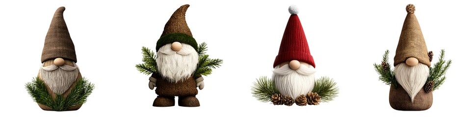 A charming collection of whimsical gnomes showcasing unique hats and festive decorations, perfect for holiday-themed projects.