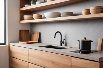 Minimalist Kitchen with Concrete Countertop, Wooden Cabinets, and Open Shelving