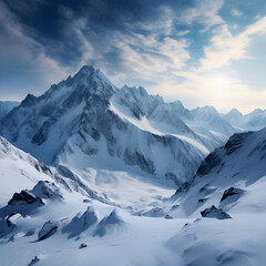 Fototapeta premium A breathtaking winter landscape featuring towering snow-capped mountains under a clear blue sky. The scene captures the pristine beauty of untouched snow and the grandeur of nature.