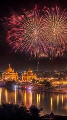 Fototapeta premium vertical background of fireworks over the river on diwali festivity