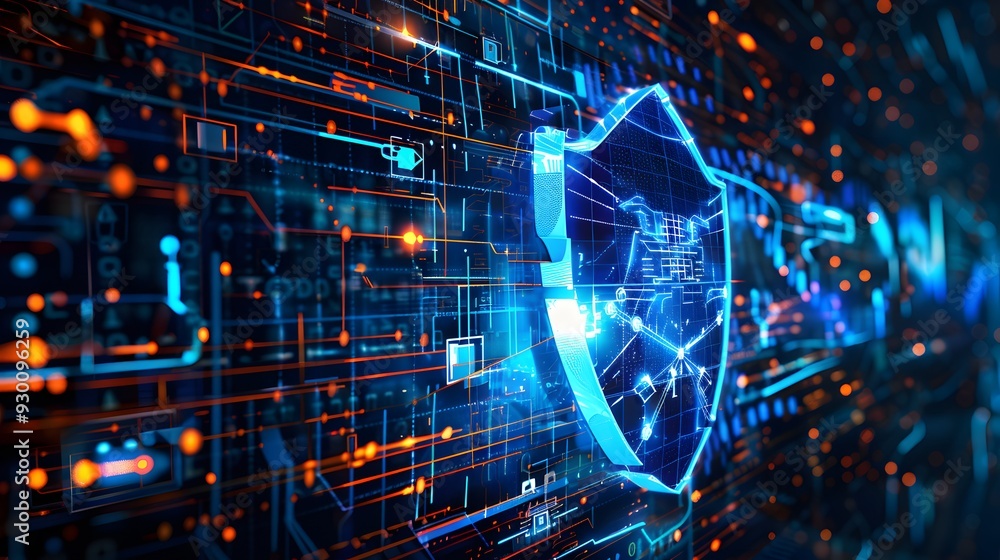 Poster a visual metaphor for quantum cryptography, showcasing a digital shield or barrier created by quantu