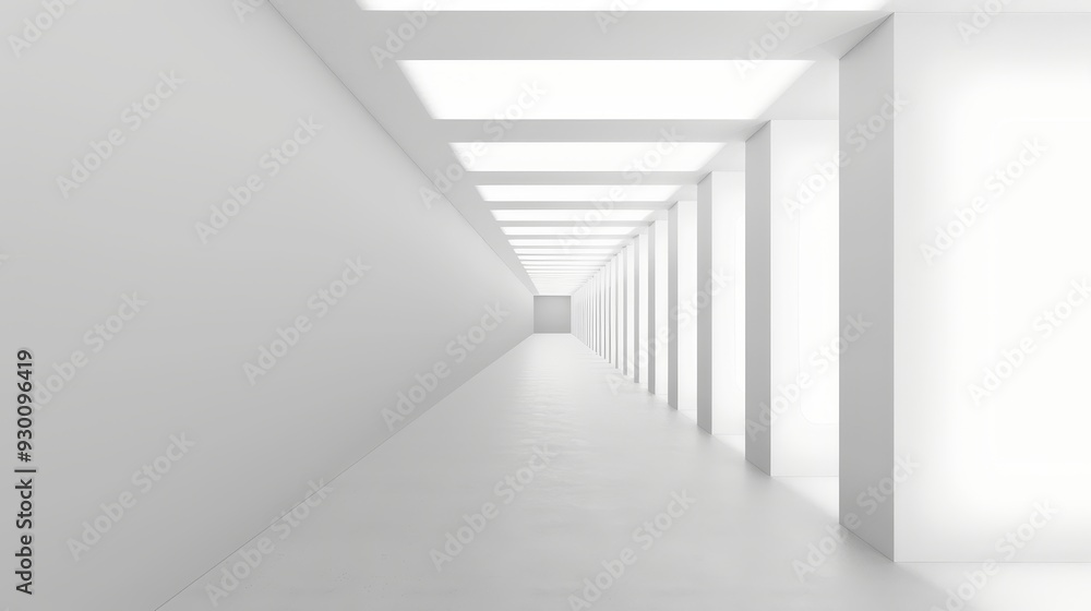 Aufkleber Futuristic Abstract Background with Diminishing Perspective in White Color, Perfect for Creative Design, Featuring a Bright Entrance Hall with Glowing Illuminated Elements and Digital Graphics