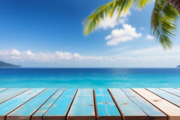 Fototapeta premium Blue Wooden Plank Tabletop Overlooking Turquoise Ocean