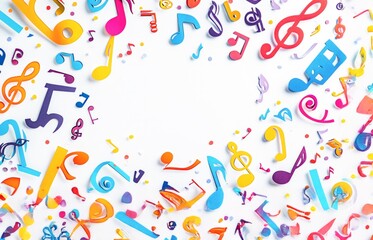 Colorful Musical Notes and Icons on White Background with Copy Space