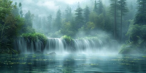 Serene Misty Forest with Waterfall