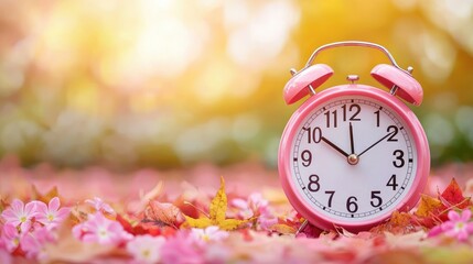 A charming pink alarm clock rests on colorful autumn leaves, capturing the essence of time and seasonal change in a warm glow.