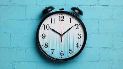 A classic black alarm clock on a vibrant blue wall, showcasing time in a modern, minimalistic design.