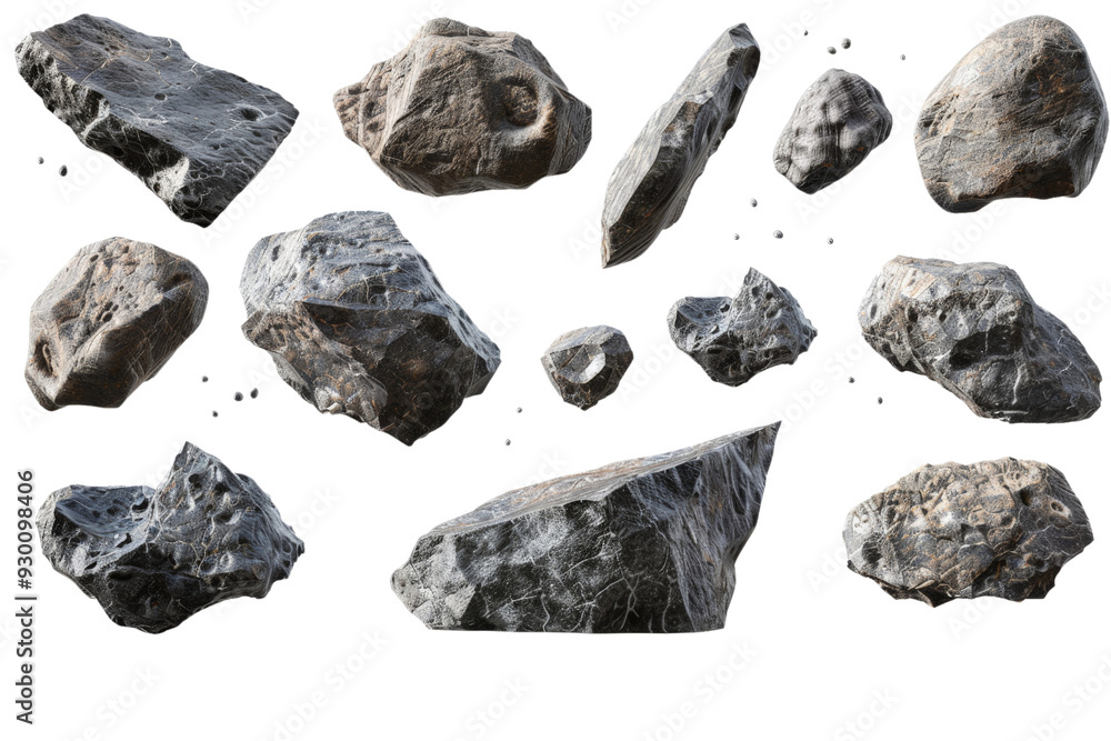 Poster asteroids and meteorites isolated on a white background, showcasing various sizes and shapes of spac