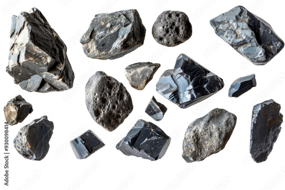 Poster asteroids and meteorites isolated on a white background, showcasing various sizes and shapes of spac