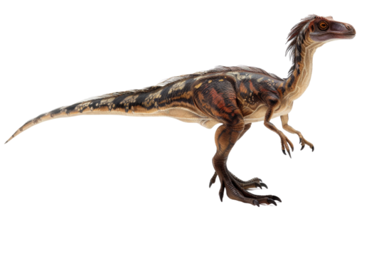 Austroraptor dinosaur figure, set against a clean white background, showcasing its detailed feathers, slender build, and predatory stance