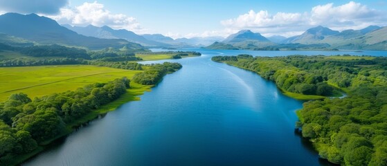 Fototapeta premium A bird's-eye perspective of a river, enclosed by a verdant canopy of trees, and distant mountains with a blue expanse in the foreground