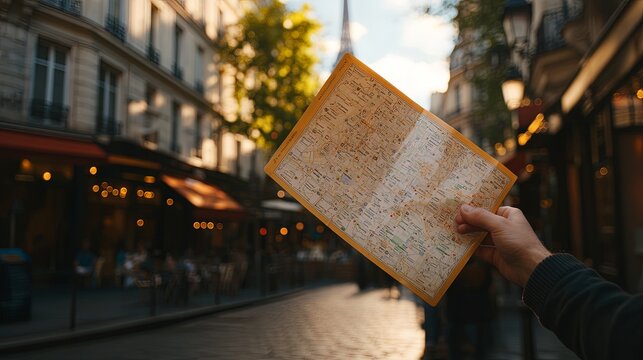 A close-up of a hand holding a detailed tourist map in the heart of Paris, surrounded by the iconic architecture and charming street cafes, with the warm glow of the afternoon sun adding depth and