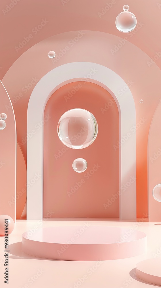 Poster Soft pink background features floating spheres and abstract shapes, creating a calming and tranquil atmosphere