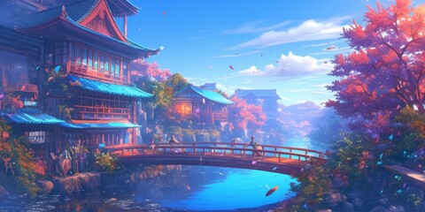 Fototapeta premium Enchanting Japanese Fantasy Landscape: Anime-Inspired Digital Art for Tourism and Storytelling. Mesmerizing Blend of Traditional Architecture and Magical Elements. Perfect for UI Design, Web Marketing