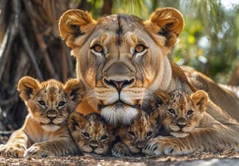 A lioness lying protectively with her cubs, displaying the fierce yet tender nature of maternal instincts