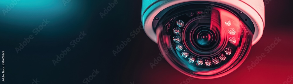 Poster a modern security camera with vibrant lighting, highlighting its features and design for tech or saf