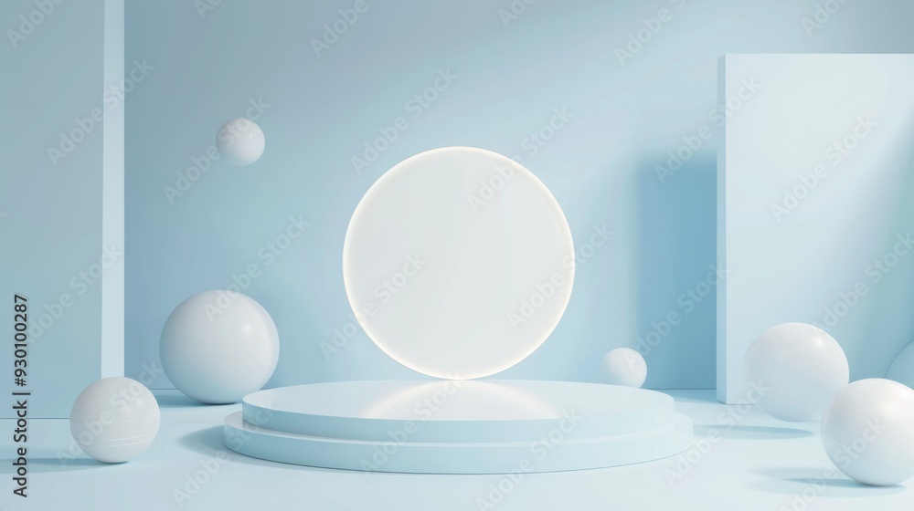 Aufkleber a serene minimalist stage design showcases a circular platform with a light blue background, ideal f